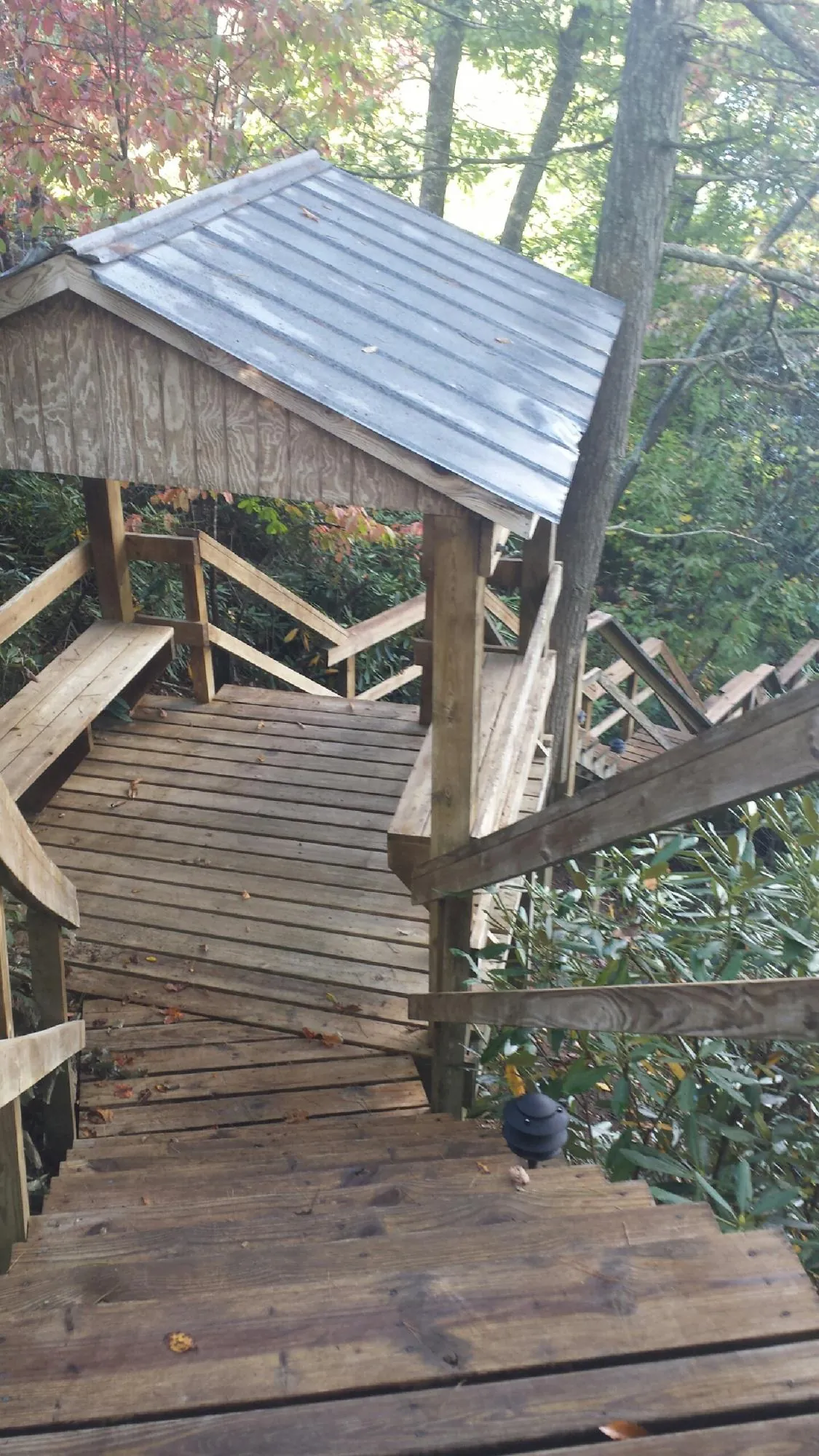 Metal roofed shelter over wooden steps on a wooded walkway — Skylight Repair & Installation work by our crew in Lowry City